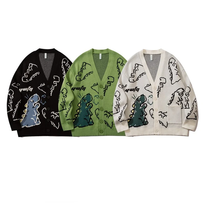 ZAZOMDE Harajuku Dinosaur Pattern Cardigan Sweater Men Vintage Oversized  Cartoon Kawaii Coat Autumn Winter Loose Knitted Sweater - AliExpress