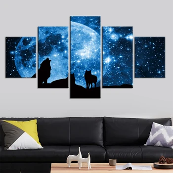 

5 Panel Canvas Wall Art Painting Prints Starry Wolf Pictures Giclee Prints Modern Artwork For Home Decor