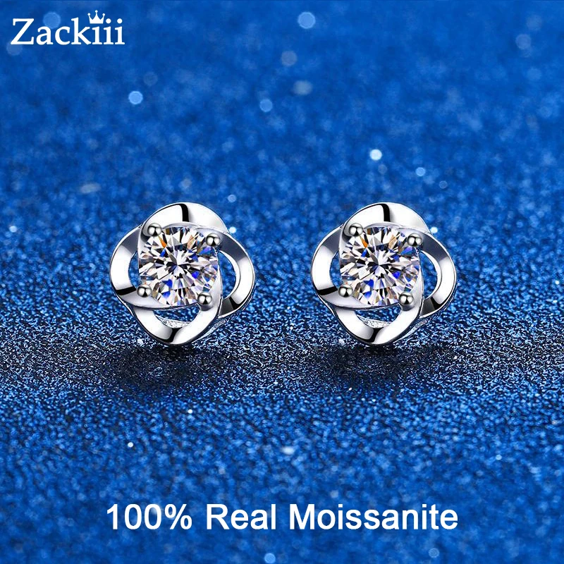 

100% Sterling Silver Diamond Earrings 0.6-1ct VVS1 Lab Created Moissanite Stud Earrings 4 Prong Clover Flower Diamond Ear Studs