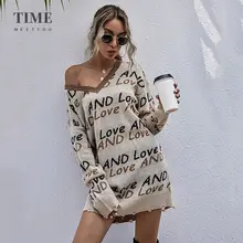

Chic Women's Sweaters Long Print Jumper Party Women Winter Love Knitted Pullovers Sweater Tops Club Dresses Mini Vintage Casual