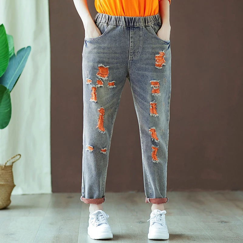 4624 Distressed Denim Ripped Jeans For Women Elastic Waist Casual Harem Jeans Loose Wide Leg Vintage Jeans With Hole Plus Size - Color: orange
