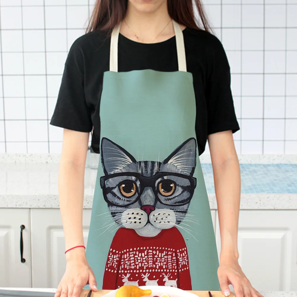 Women Kitchen Apron Cotton Linen Cartoon Cat Sleeveless Chef Cooking Aprons Kitchen accessories 68*55cm 0094
