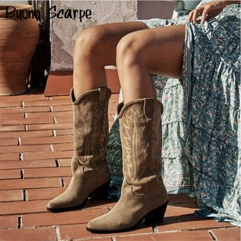 Women Knee Boots Natural Suede Embroidered Women Boots