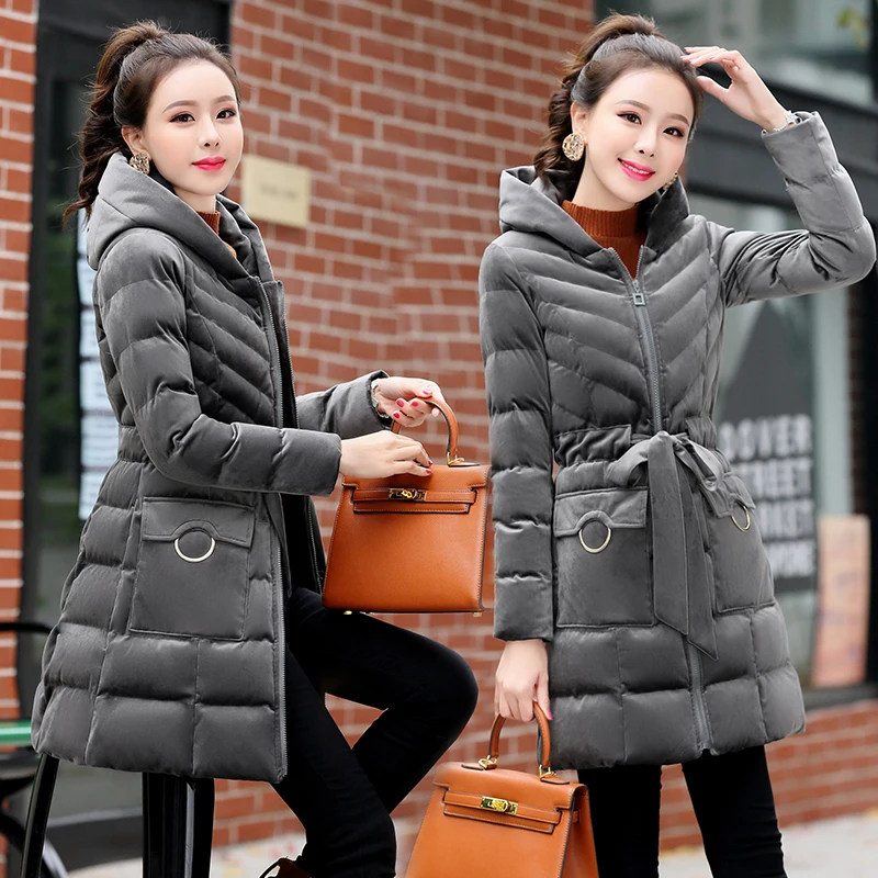 Теплое зимнее пальто Женская длинная парка зимняя куртка женская Casaco Feminino Корейская тонкая Толстая хлопковая куртка золотистое бархатное Стеганое пальто R2 - Цвет: Grey
