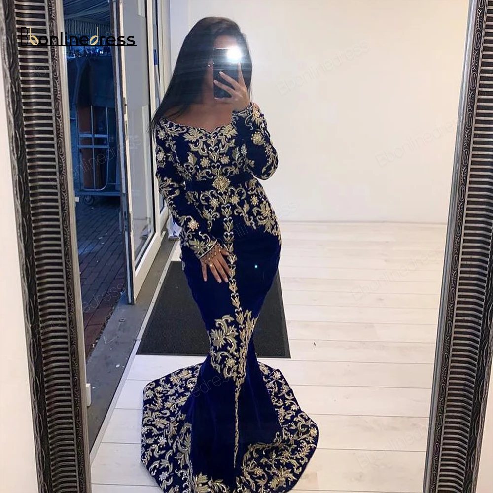 

Bbonlinedress Moroccan Kaftan Evening Dresses Embroidery Appliques Long Evening Dress Sleeves Mermaid Arabic Muslim Party-Dress