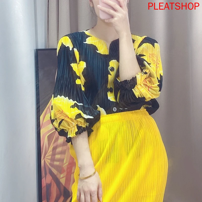 MIYAKE Pleated Summer Thin Printed Shirt Loose and Plus-sized Slim Puff Sleeve Single-Breasted Women Veste Femme Ropa De | Женская