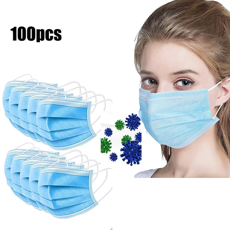 

100Pcs/Lot 3-Ply Disposable Mask Antivirus CE Certifaction Earloops Mascherine Face Masks Mouth Respirator Dust Filter Maschere