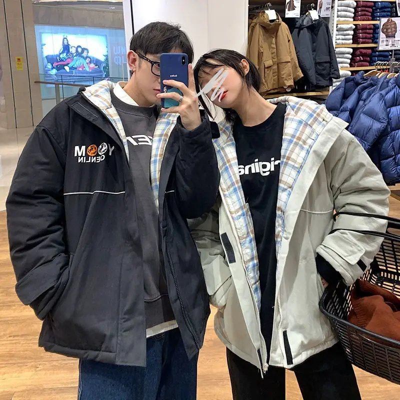 

Men's cotton clothing 2019 autumn and winter new couple hooded warm contrast color cotton clothing youth fashion men's clothing