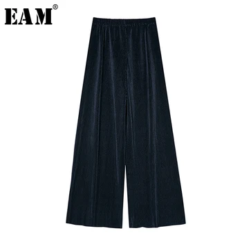 

[EAM] High Elastic Waist Blue Pleated Long Wide Leg Trousers New Loose Fit Pants Women Fashion Tide Spring Autumn 2020 1S354