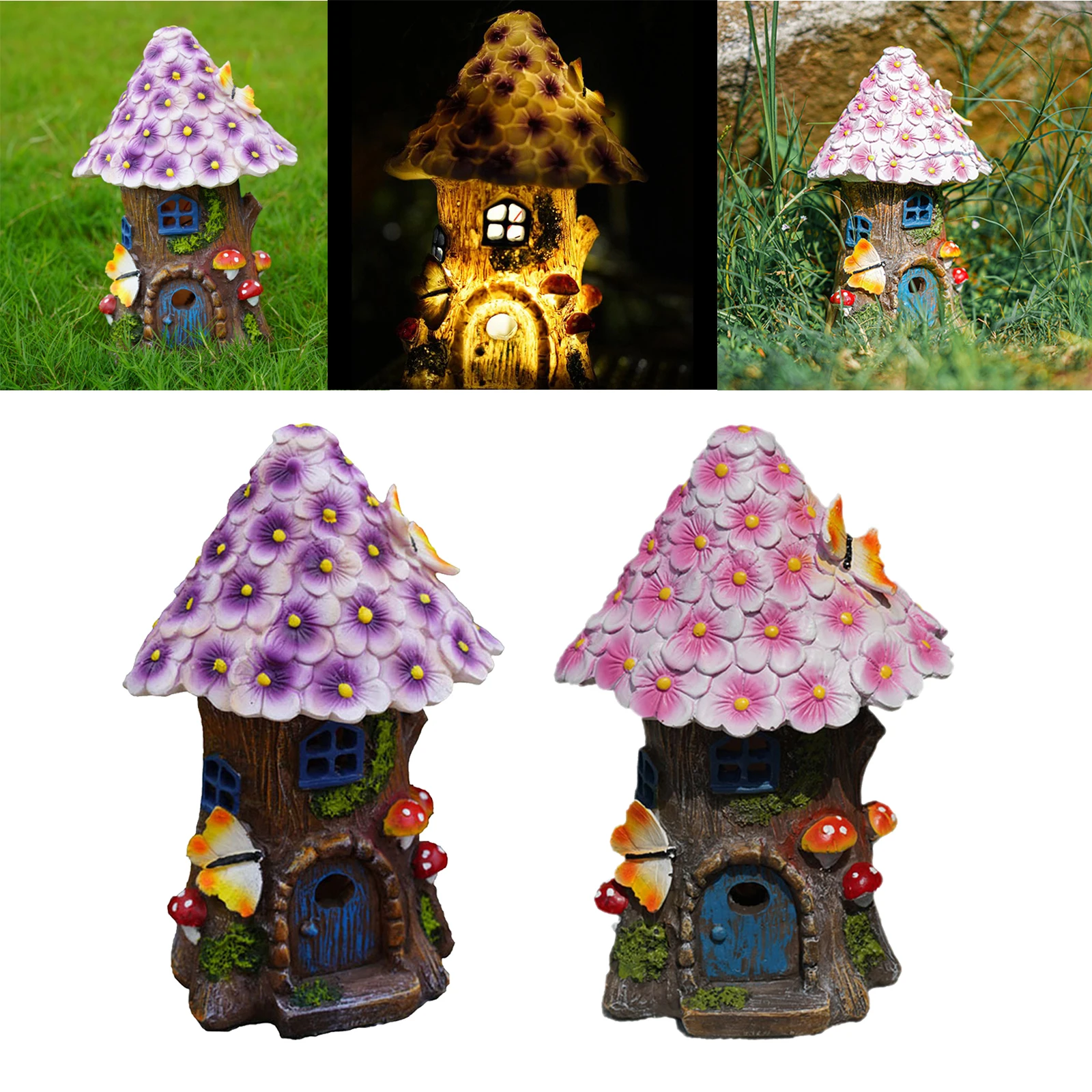 Mini Solar Light Fairy House Statue Home Outdoor Fairy Garden Path Decor Kit