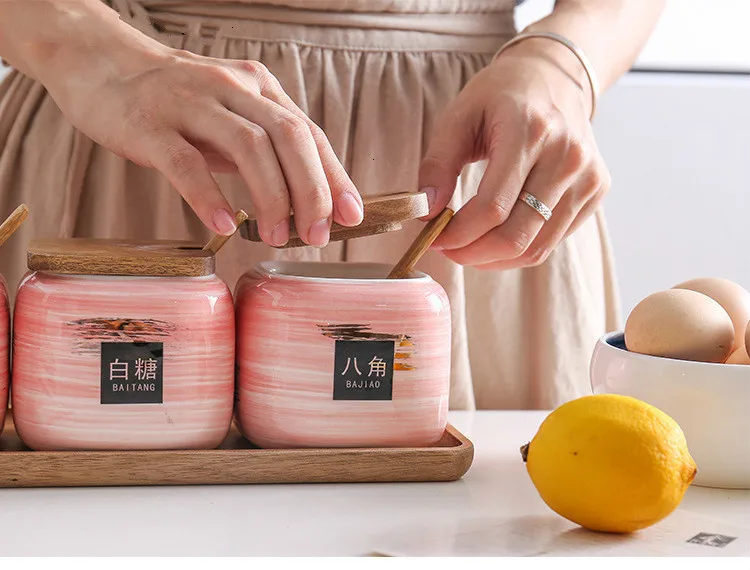 Ceramic Condiment Storage Jar Household Seasoning Pot Bamboo Tray Spice Jar Soy Sauce Box Salt Sugar Can Kitchen Organizer Tools