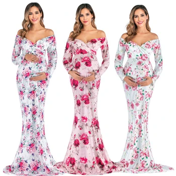 

Summer Bohemian Casual Maternity Beach Dress Floral Printed V-neck Pregnant Long Dress Short Sleeve Maternity Mermaid Vestidos