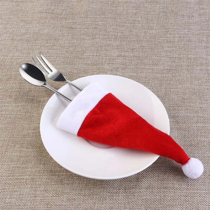 NICEXMAS 10pcs Soft Fabric Santa Hat Christmas Knife Spoon Fork Bag Tableware Silverware Holder Hotel Restaurent Table Decor A35