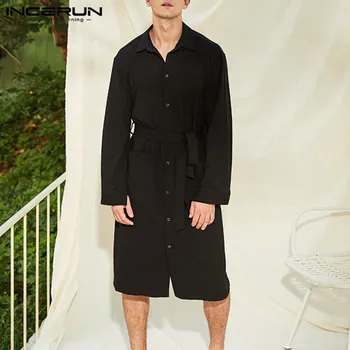 

INCERUN Fashion Men Robes Homewear Solid Long Sleeve Lapel Pockets Casual Nightgown Dress 2020 Bathrobes Men Clothes With Belt 7