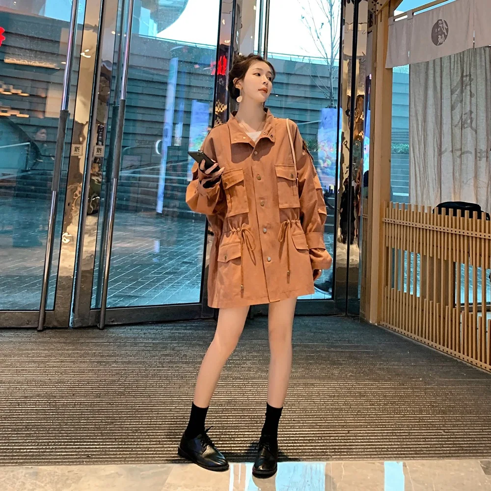 

Photo Shoot Sense of Design Gauze Joint Large Pocket Waist Hugging Trench Coat Women's 2020 Spring New Style Retro Workwear Coat