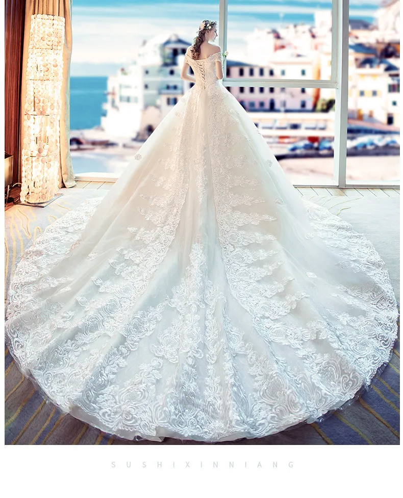 New Lace Wedding Dress Chapel Trailing Champagne White Trailing and Wedding Dress Vintage Luxury One shoulder Sexy Strapless