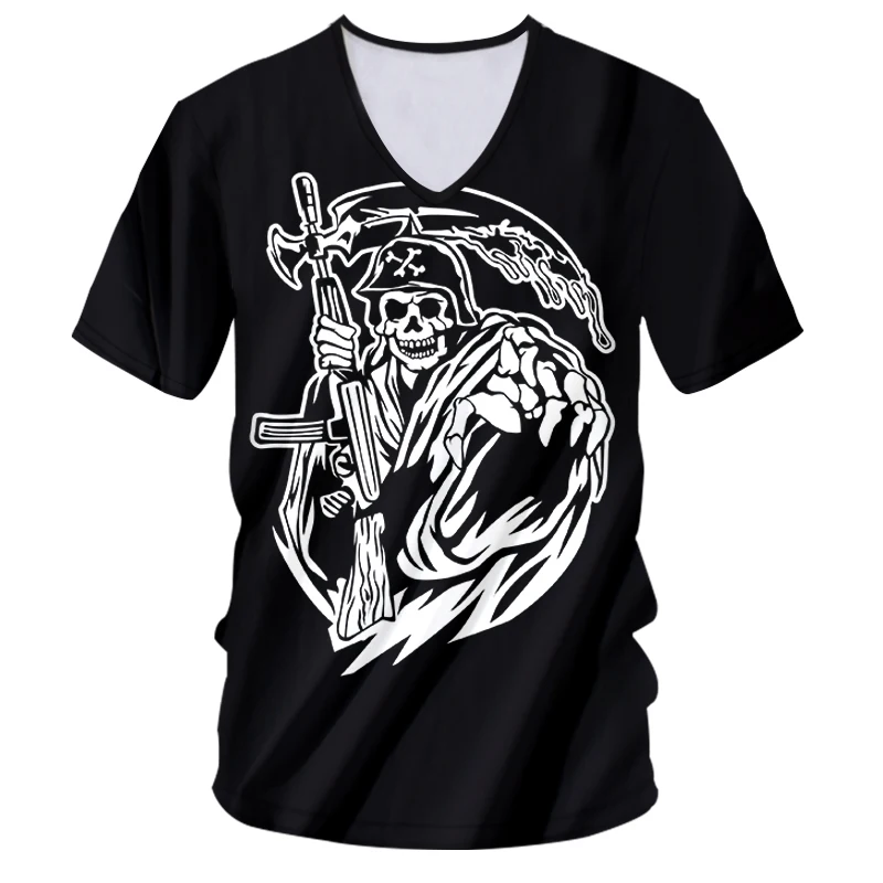 

IFPD EU/US Size Men Clothes Summer Grim Reaper Skull Printed V-neck T-shirt 3D Print Plus Size Casual Breathable Funny Tshirts