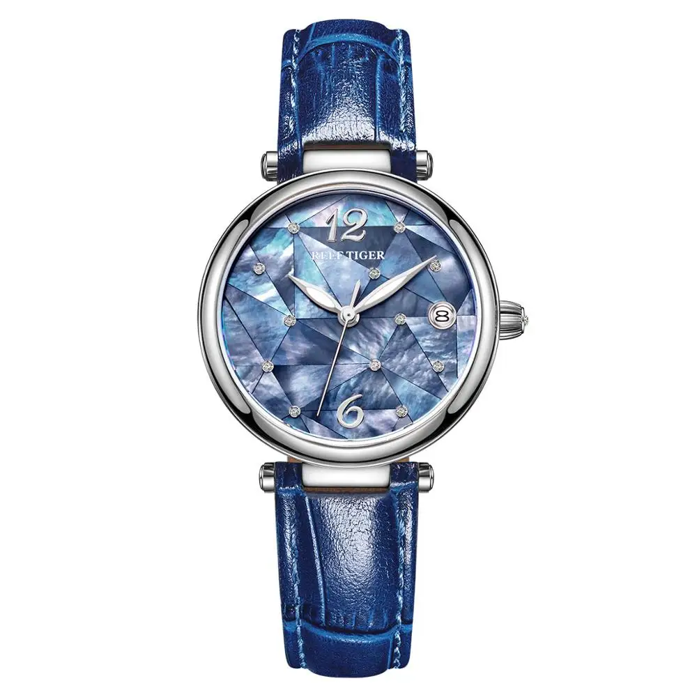 Риф Тигр/RT дизайн модные женские часы розовое золото синий циферблат механические часы кожаный ремешок Relogio Feminino RGA1584 - Цвет: RGA1588-YLL