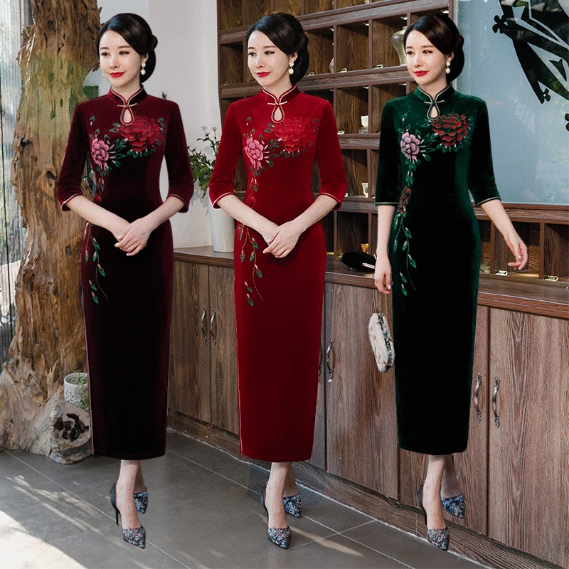 Женский Qipao с высоким разрезом классический китайский женский халат со стоячим воротником, с цветочным принтом, сексуальное атласное китайское платье с цветочным принтом, большие размеры, женские платья
