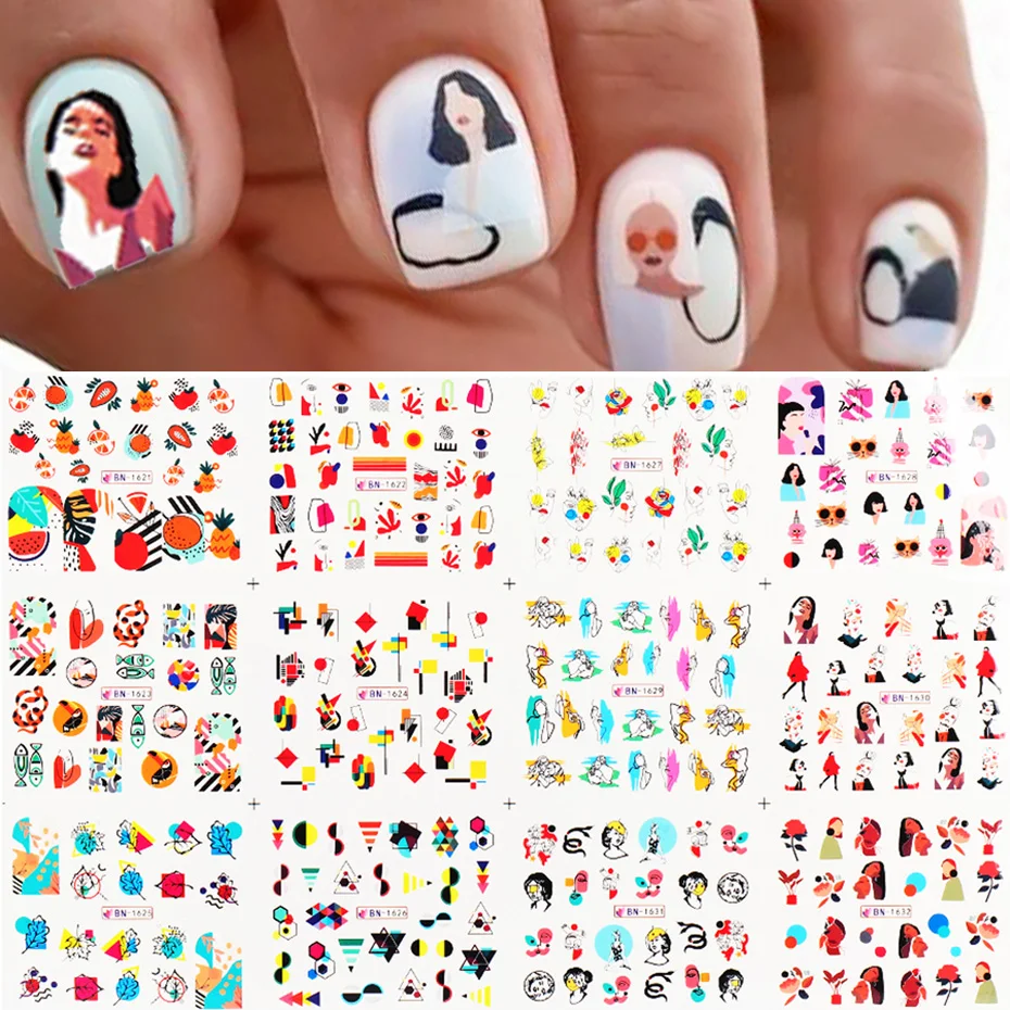 12 Designs Nail Art Stickers Fashion Girl Face Leaves Fruit Summer Lovely Slider For Manicure Water Transfer Decal SABN1621-1632 | Красота и