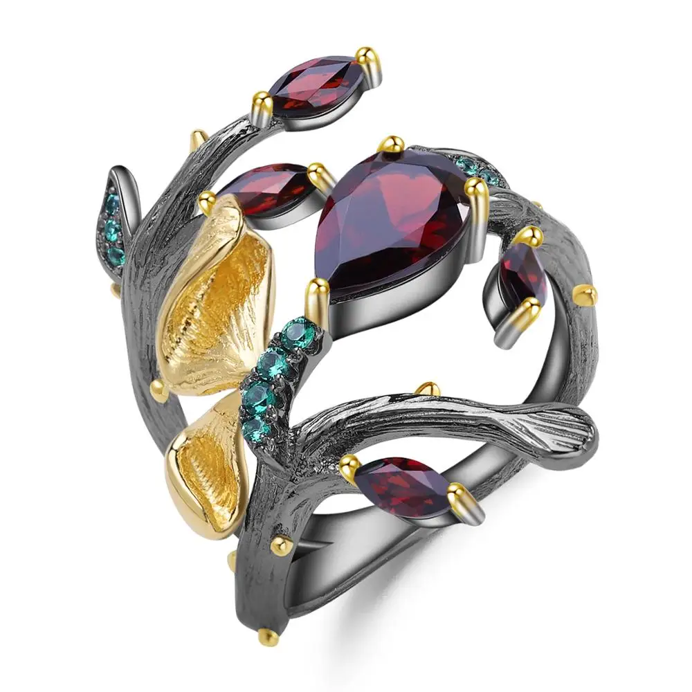 

GEM'S BALLET 2.37Ct Natural Red Garnet Rings for Women 925 Sterling Silver Original Handmade Butterfly Flower Branth Ring Bijoux