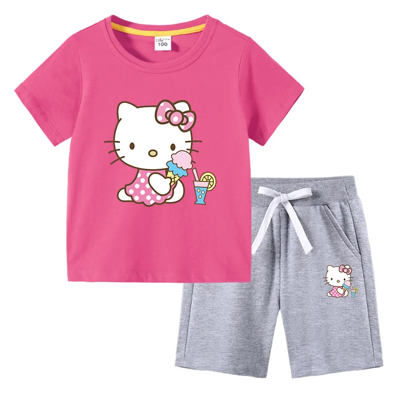 thumbnail image 1 of Hello Kitty verano niños pequeños de algodón de manga corta camiseta traje niños pantalones cortos de manga corta conjunto de dos piezas ropa para niños, 1 of 5