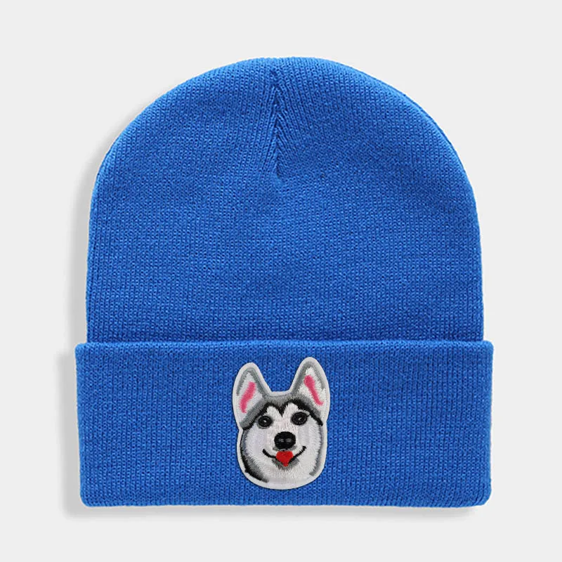 Huskies Hats Fashion Patches Sweet Beanie For Unisex Winter Brimless Stretchy Bonnet Solid Color Outdoor Cap Knitted Beanie - Цвет: Синий