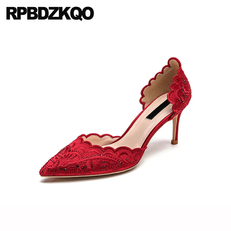 Wedding Pumps Luxury Brand Shoes Women China Crystal Stiletto 3 Inch Red High Heels Rhinestone Pointed Toe Embroidered Diamond | Обувь