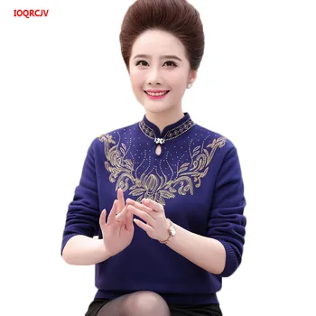 

4XL Middle-aged Women's Sweater Winter Warm Long-sleeved Plus Velvet Pullovers Plus Size Mother Print Knit Sweater Jumper W1715