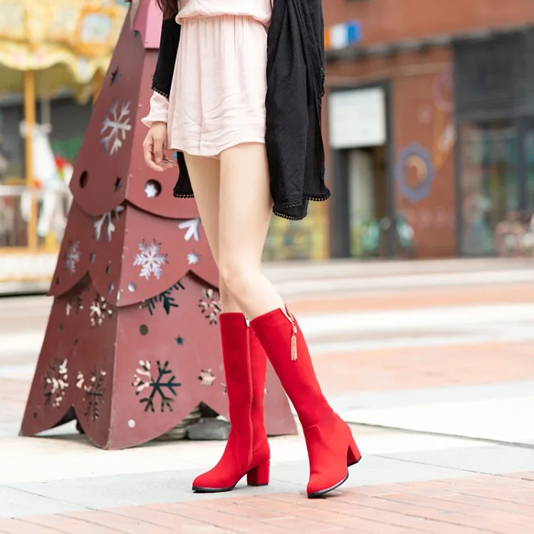 KALENMOS Knee High Boots Women Block Mid Heel Flock Long Boots Ladies Fashion Black Autumn Winter Shoes Daily Boots Size 33-46