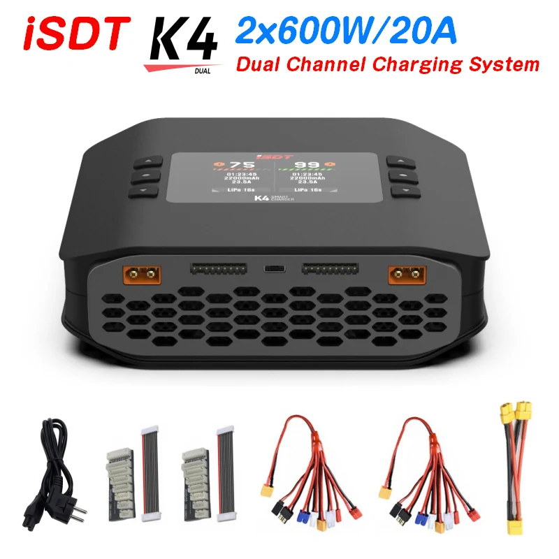 ISDT K4 1 ~ 8S умное зарядное устройство для литиевой батареи 20A 600 Вт AC/DC независимый двухканальный двухканальный режим для зарядки Lipo батареи радиоуправляемая игрушка - image 1 of 5