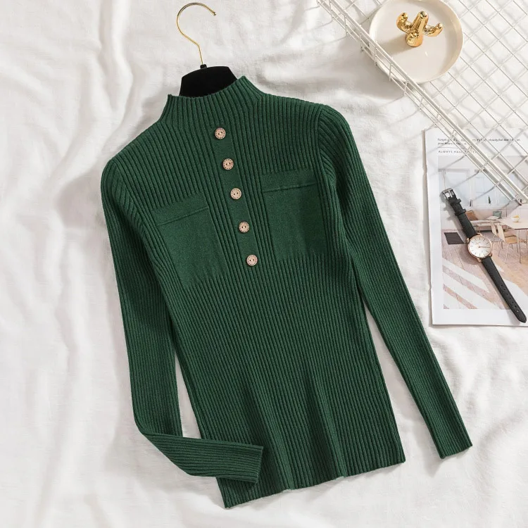 Новинка, осенне-зимний женский свитер с высоким воротником на пуговицах, мягкий вязаный джемпер, тонкий женский эластичный пуловер - Цвет: green-25