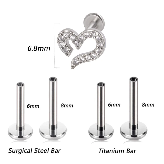 1PC G23 Titanium&Steel 16G CZ Gem Moon Labret Lip Bar Ring Crystal Flower Ear Cartilage Tragus Helix Piercing Screw Fit Top 16g Style K