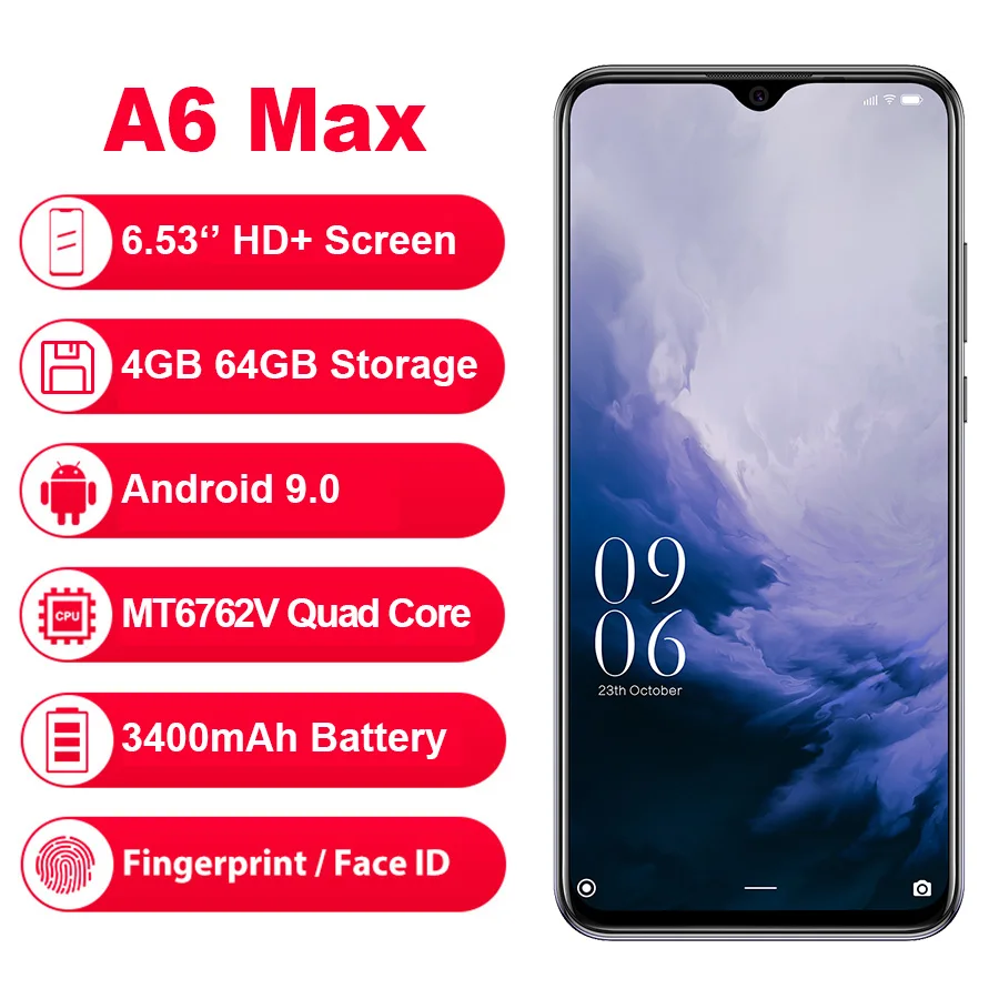 Elephone A6 MAX 6,53 ''водослива Android 9,0 4GB 64GB MT6762V Восьмиядерный 5 V/2A Беспроводная зарядка 3400mAh 4G OTG NFC мобильный телефон