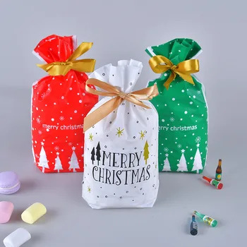 

50pcs Plastic Gifts Bags Merry Christmas Cookie Packaging Drawstring Plastic Bags Birthday Xmas Candy Biscuit Baking Packaging