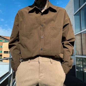 

Men Streetwear Fashion Casual Loose Long Sleeve Shirts Male Japan Korea Style Solid Color Cargo Shirts