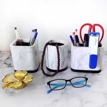 

Resin Marble Texture Makeup Brush Pen Holder Desktop Stationery Storage Pen Containers Dressing Desk Sundries Organizer Jar