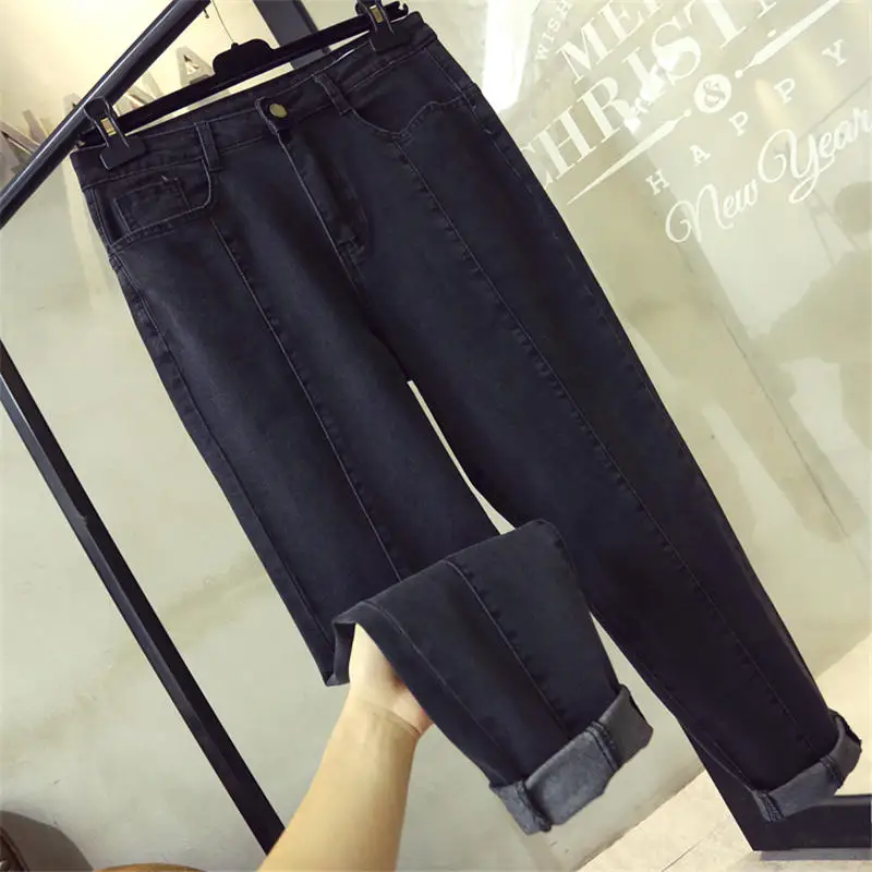 Black grey jeans 5XL винтажные джинсы женские повседневные Стрейчевые джинсы с высокой талией женские узкие брюки уличная свободные джинсы больших размеров для мам Q1799 - Цвет: Black grey jeans