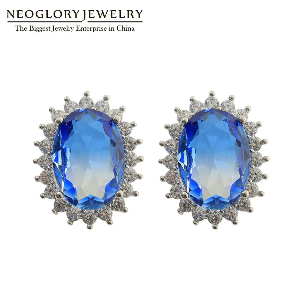 Neoglory Oval Shape Multi Color AAA+ Top Grade Zircon Crystal Earrings for Women Diana classic Party Gift For Mother's Day | Украшения