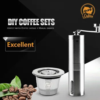 

ICafilasReusable Coffee Capsule Pod Fillable Espresso Coffee or Tea for Nespresso Machines Maker with Coffee Manual Grinder