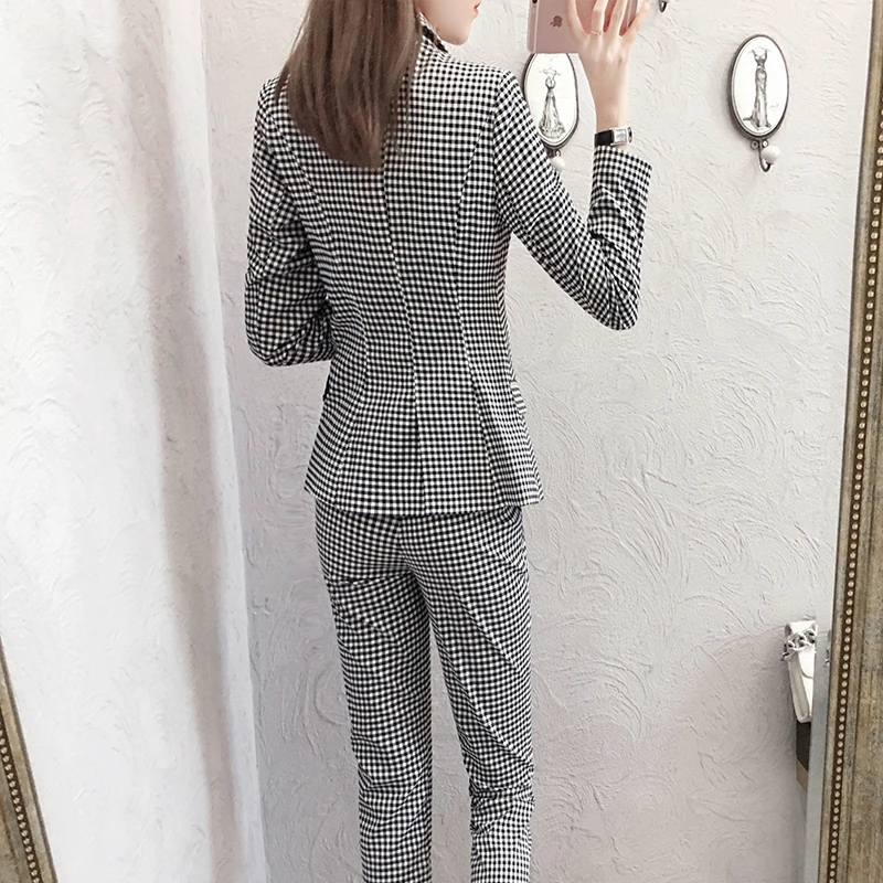 Vrouwen herfst nieuwe mode Professional плед pak vrouwelijke темперамент lange mouwen pak negen broek twee наборы