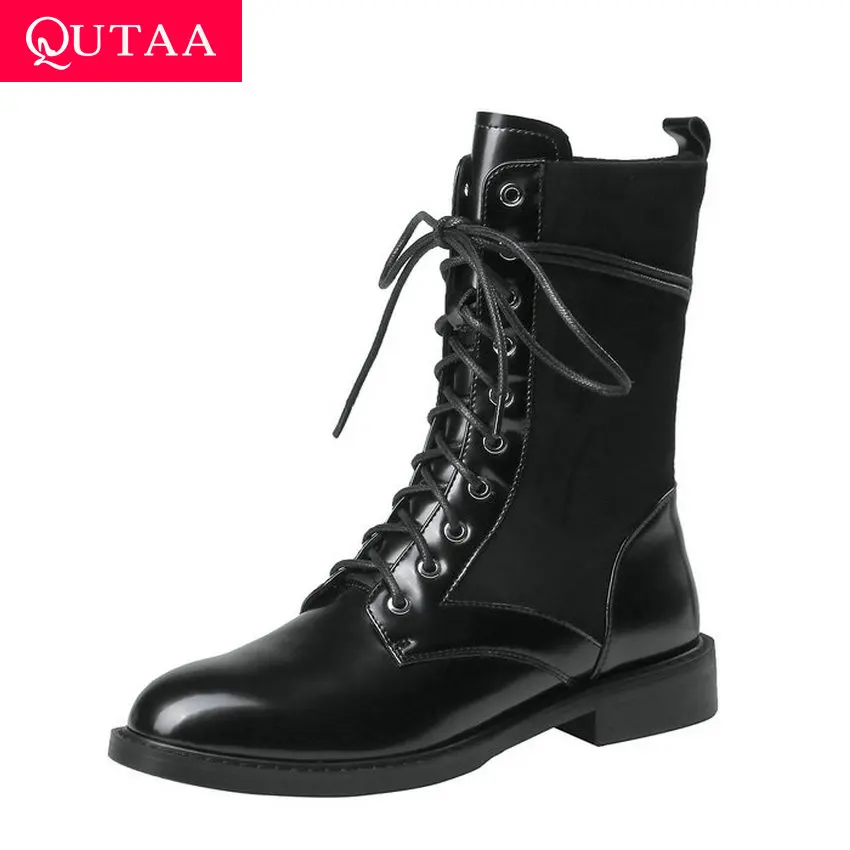 QUTAA Lace Up Round Toe Low Heel All Match Women Shoes Patchwork Cow Leather Flock Winter Fashion Mid Calf Boots Size 34-40