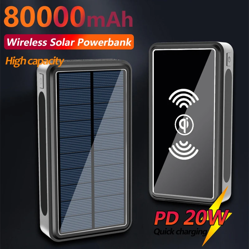 Wireless Solar 80000mAh Power Bank Portable Charger 4USB Outdoor LED Fast Charger Poverbank External Battery for Xiaomi IPhone power bank 50000mah