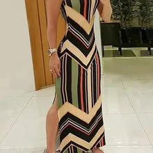 Maxi-Dress Colorblock Print Striped Women Sleeveless Side-Slit Slim