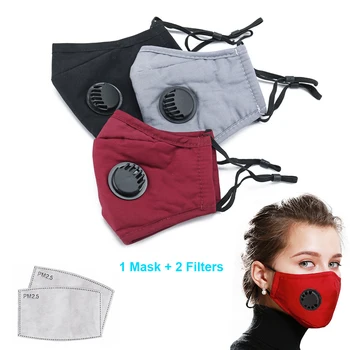 

Cotton Face Mask Mouth With Breather Valve Anti Air Pollution PM2.5 Dust +2Pcs Activated Carbon Filters Washable