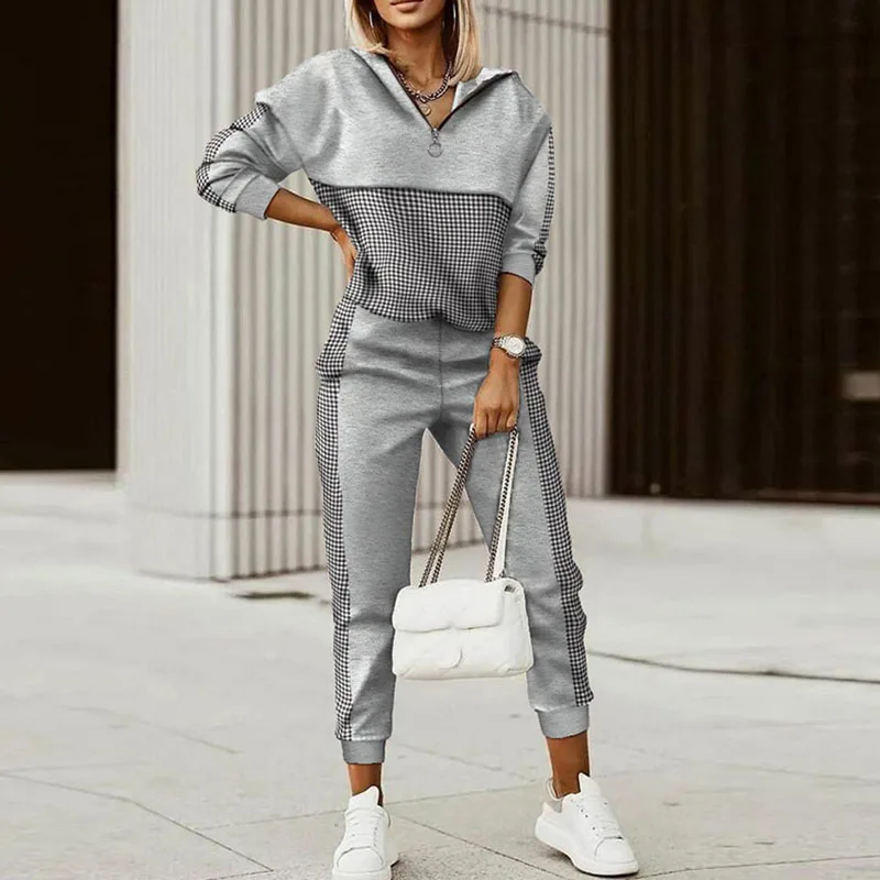 Femme Casual Patchwork Print Tracksuits Elegant Women Streetwear Solid Two Piece Set Autumn Long Sleeve V Neck Slim Pants Suit Dress Suits