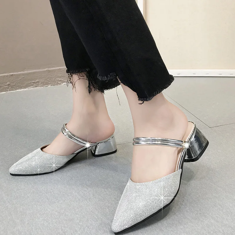 

2019 Summer Europe Office Luxury Bling Elegant Party Mules Women Fashion Low Heels Point Toe Shiny Pumps Sandals Silver Gold