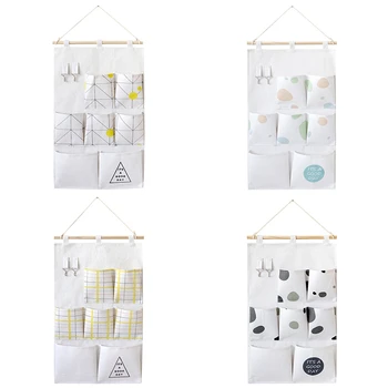 

Cotton and Linen Wall-Mounted Storage Bag 7Pouch Hanging Pokcet with Hook Bedroom Door Household Toys Sundries Container