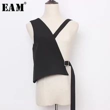 [EAM] женский свободный крой черный Асимметричная повязка жилет v-образный вырез без рукавов Мода весна осень 19A-a483