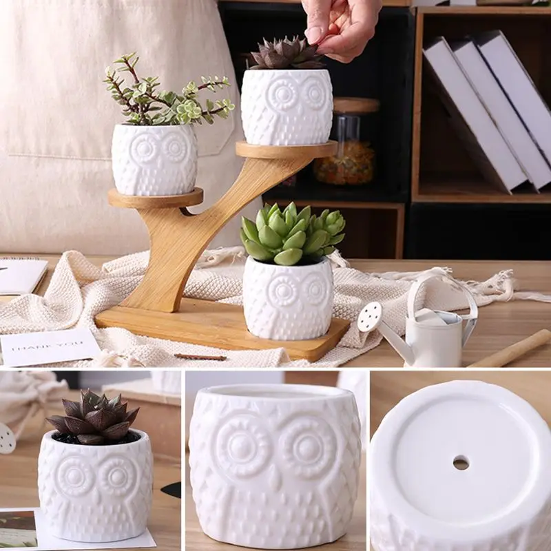 Owl Shaped Ceramic Cactus Succulent Flower Plant Pots Planter with Bamboo Tray 